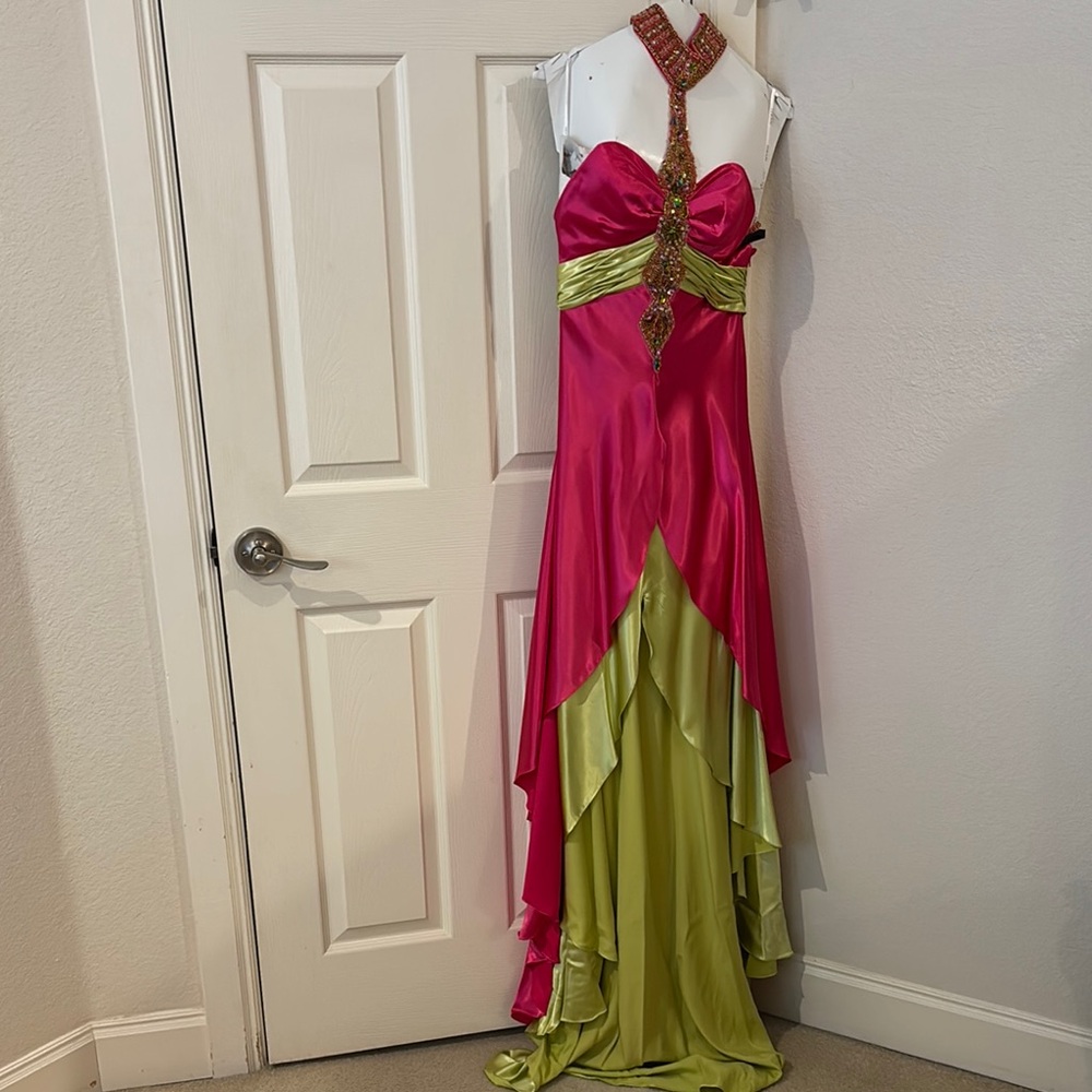 Terani pre-owned size 6 Pink and Green Halter Gown for Prom